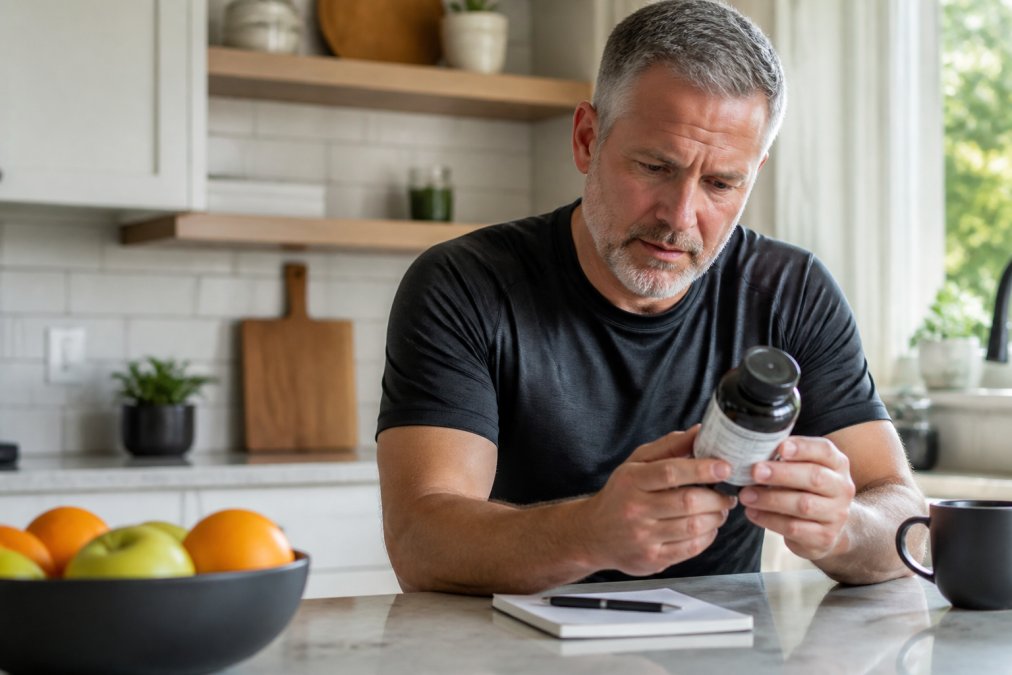 Man in his 50s reading a label on a bottle of male performance supplements in a bright kitchen