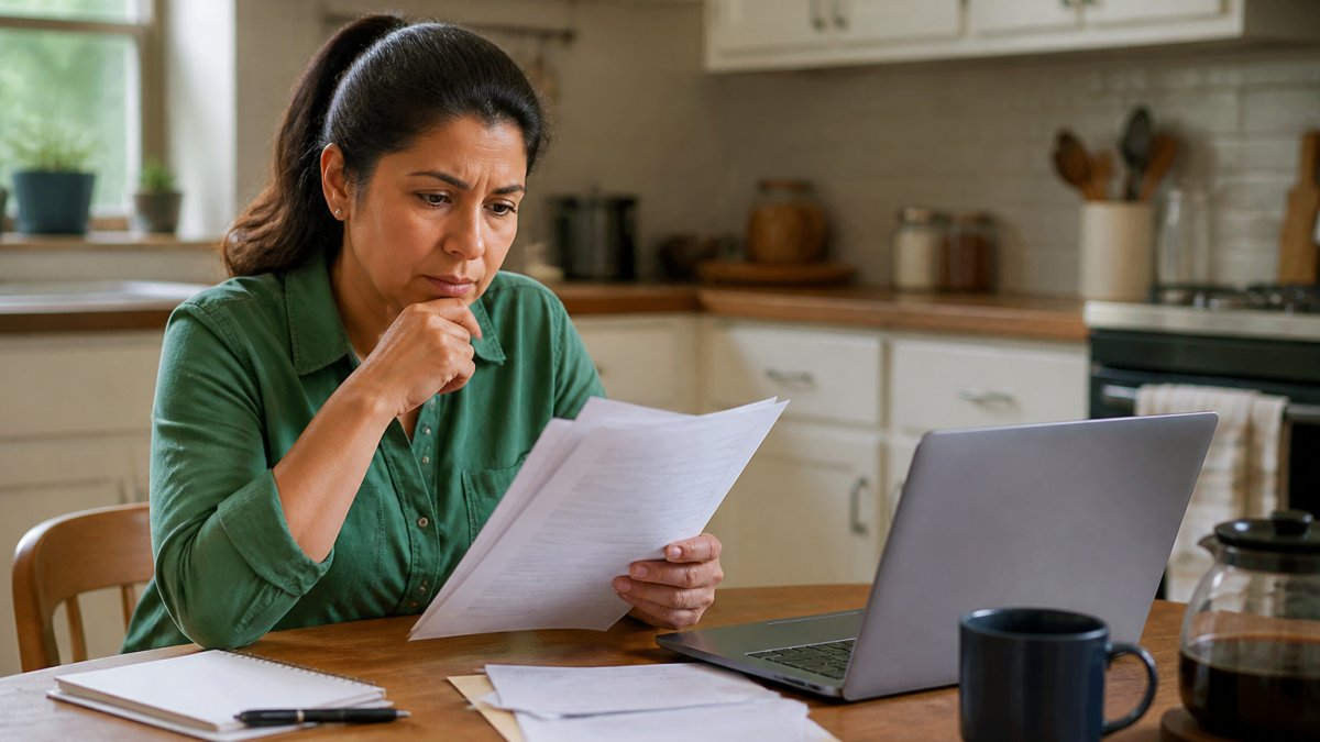 A person reviewing legal paperwork at a kitchen table with a laptop open to a debt collection resource guide, a notepad, and a pen nearby in a calm home setting