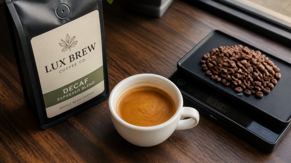 Overhead photo of a white ceramic espresso cup with a thick layer of crema, sitting on a dark walnut counter beside a bag of whole bean coffee and a small digital scale, soft morning window light