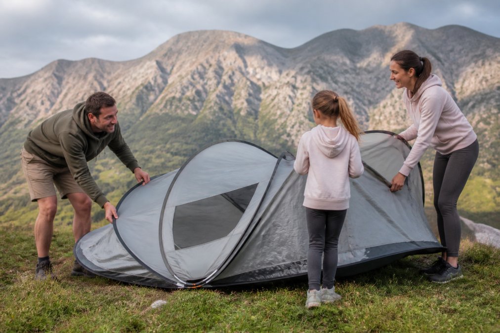 Family setting up a pop-up camping tent outdoors in natural daylight, with mountains visible in the background, demonstrating the ease and speed of instant tent deployment