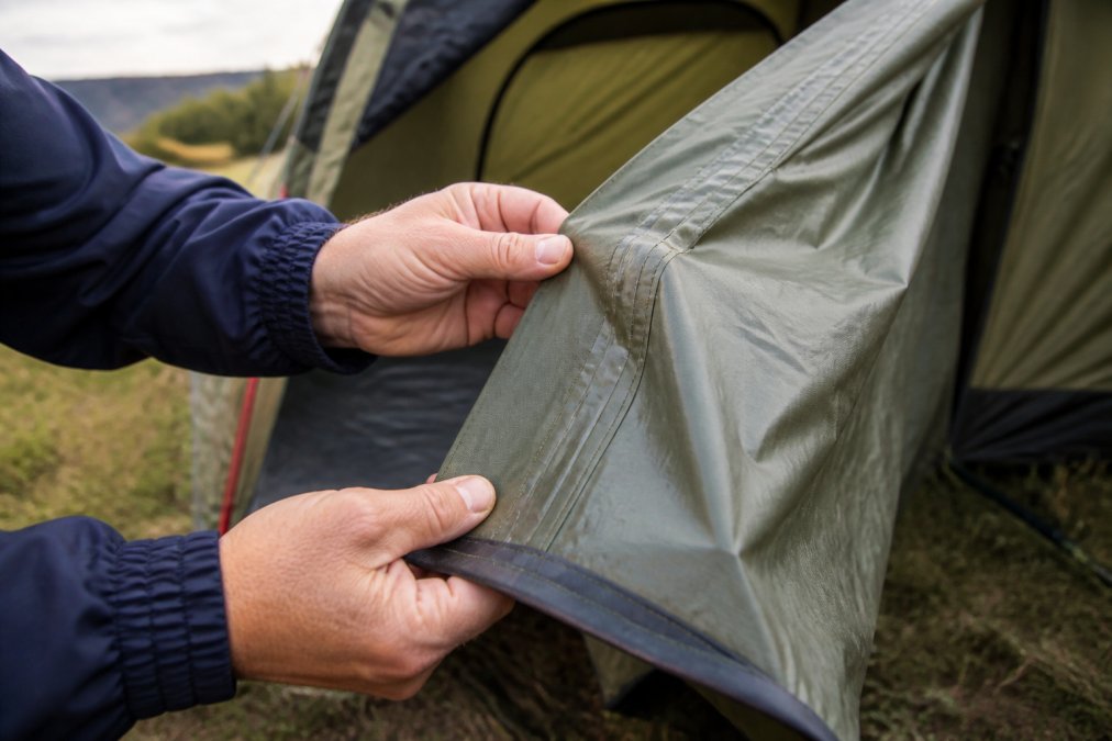 Close-up of hands examining camping tent fabric and seams, showing someone inspecting material quality, waterproofing, and construction details in daylight