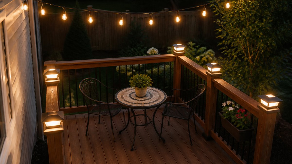 A cozy small wooden deck at dusk with warm post cap lights glowing on the railing, a compact bistro set, and soft string lights overhead, photographed from a slightly elevated angle