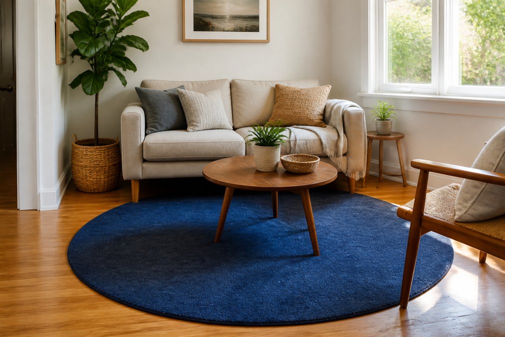 A bright and cozy small living room featuring a blue round rug on a hardwood floor, a compact beige sofa, and a small wooden coffee table, styled with neutral throw pillows and natural light streaming in from a nearby window