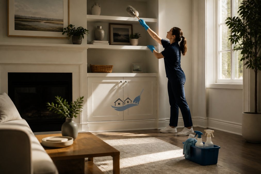 Professional cleaner dusting baseboards and upper shelving in a bright, modern living room, showing meticulous attention to detail with soft natural lighting