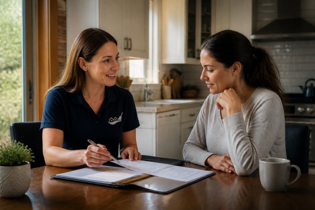 Homeowner meeting with a professional cleaning service representative at a kitchen table, reviewing service agreement and discussing options with natural lighting
