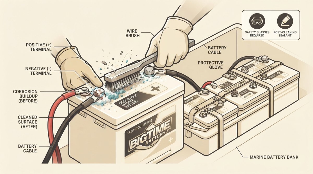Close-up of hands cleaning marine battery terminals with a wire brush, showing corrosion removal on a boat's battery bank in natural daylight