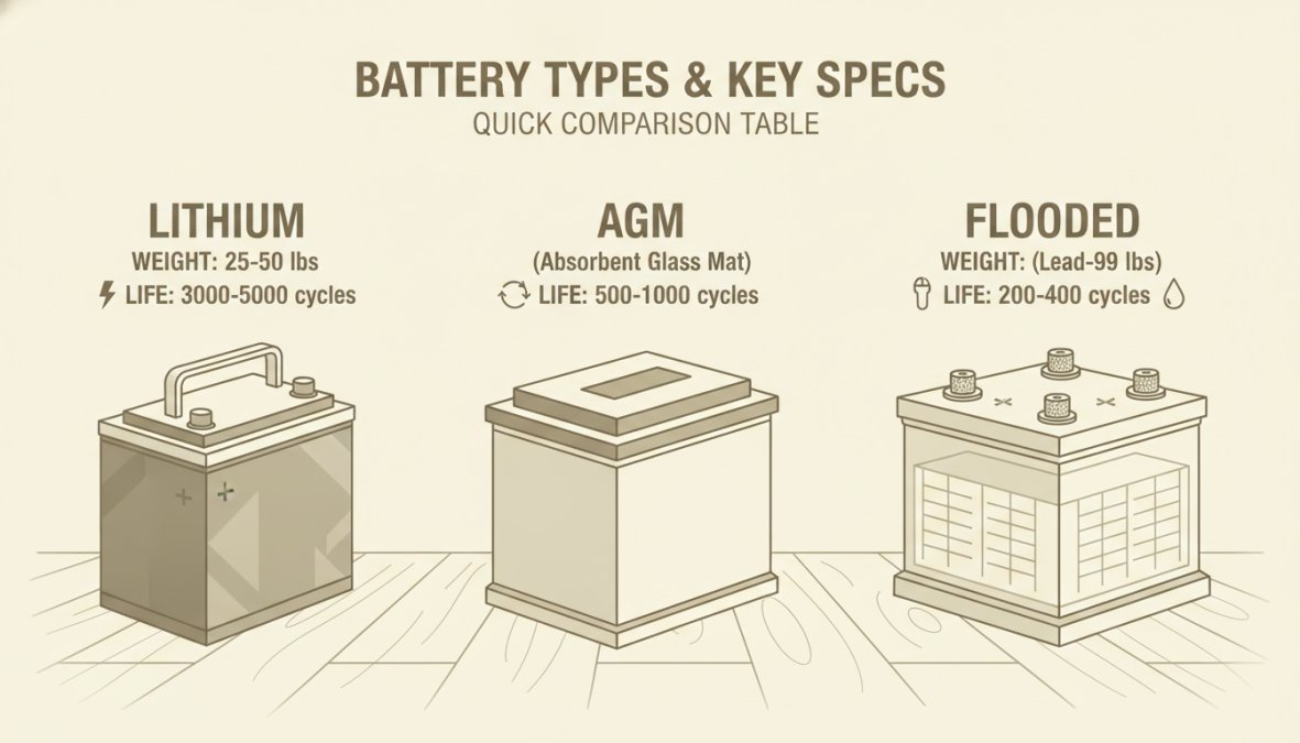Close-up of three different marine batteries displayed side-by-side on a weathered dock, lithium battery sleek and compact, AGM battery sturdy and sealed, flooded lead-acid battery with visible terminals and vent caps, showing size and weight differences in natural daylight