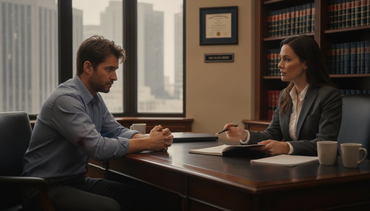 Criminal defense attorney in professional office reviewing case documents with client, discussing legal strategy and defense options with serious focus