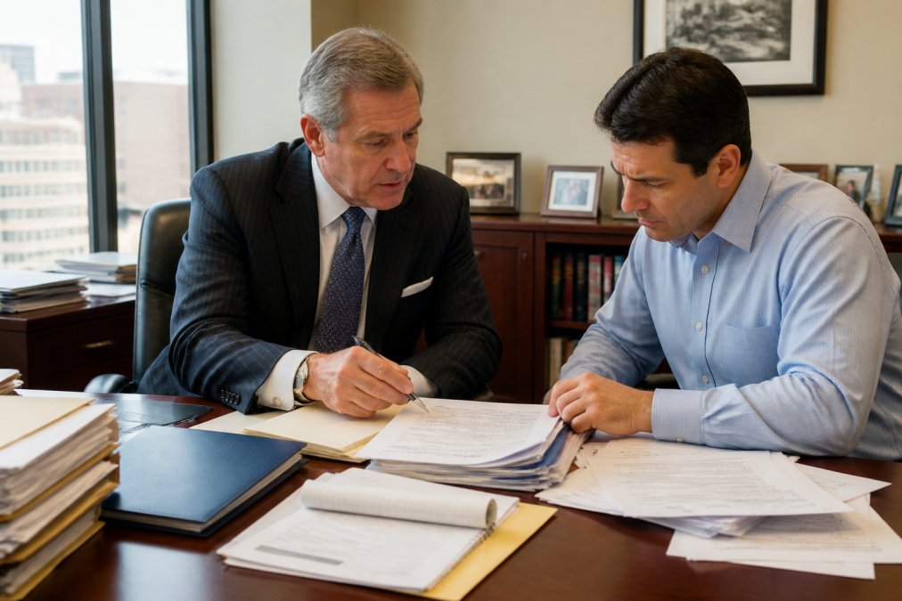 Criminal defense attorney meeting with professional client in modern law office, reviewing financial documents and case files across wooden desk with natural window lighting