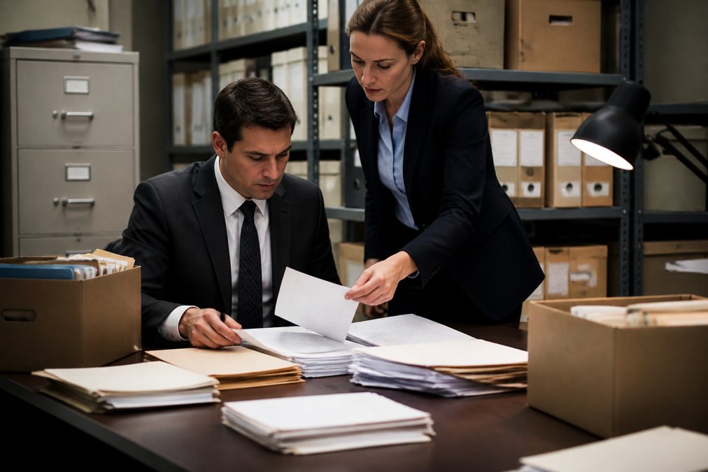 Law enforcement and forensic specialists examining financial records and digital evidence in modern investigation office setting with computer workstations and file cabinets