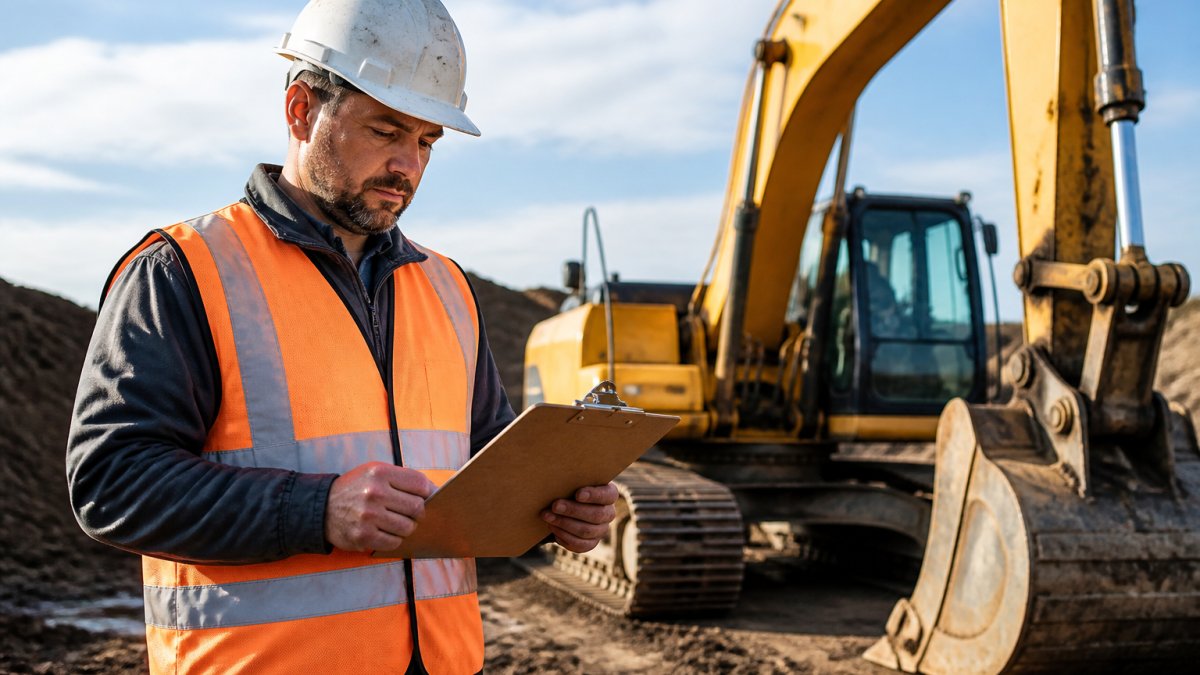 A construction business owner in a hard hat reviewing a financing application on a clipboard next to a parked excavator at a job site