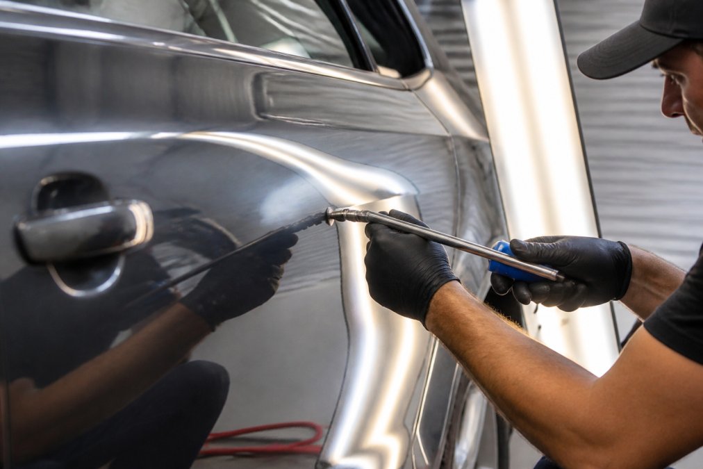 A technician's hands using a specialized PDR tool to gently massage a small dent on a glossy car door panel, bright workshop lighting reflecting off the paint finish