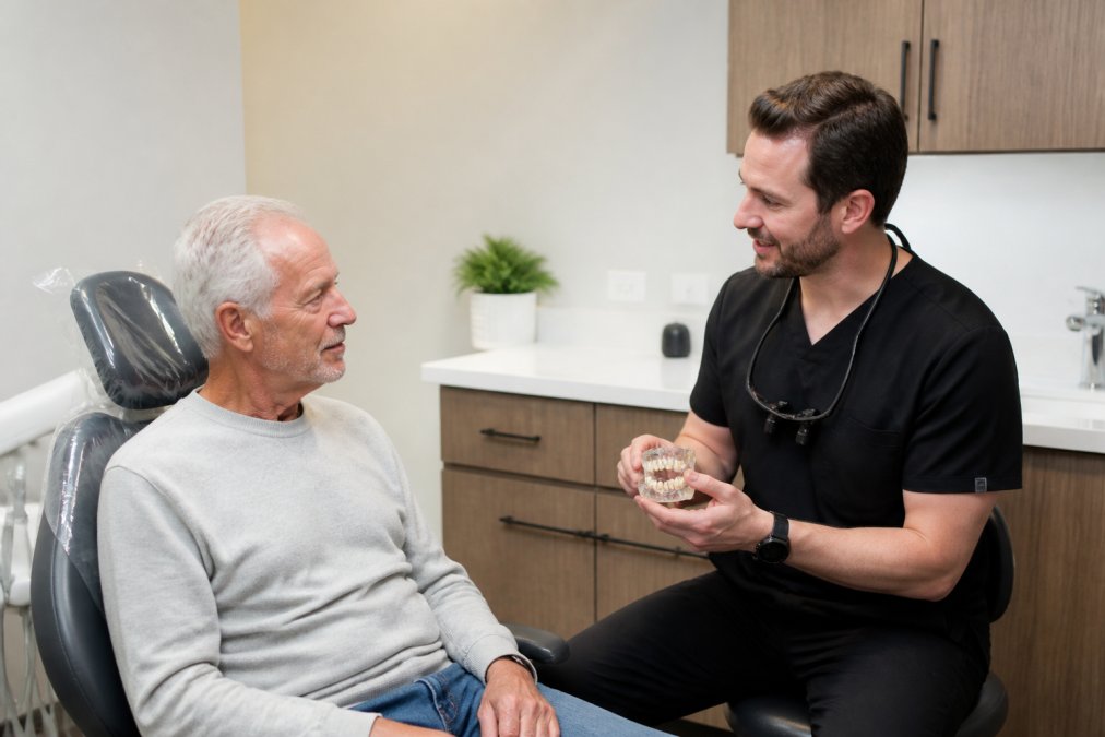 Senior patient in dental chair receiving consultation with dentist before implant procedure, showing comfortable clinical setting with modern equipment and professional staff