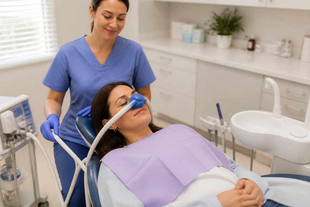 A calm dental patient reclining in a modern dental chair wearing a nitrous oxide mask, eyes relaxed, with a gentle dental professional in scrubs standing nearby in a bright, softly lit clinic