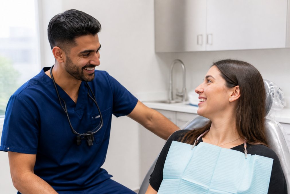 A friendly dentist in scrubs speaking warmly with a visibly relaxed patient seated in a dental chair inside a clean, modern dental office with soft, natural lighting