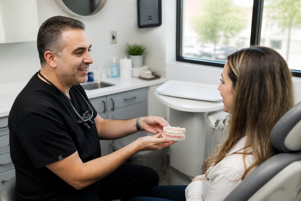 Professional dentist consulting with patient while viewing digital smile design on computer screen in modern dental office with natural lighting and contemporary equipment