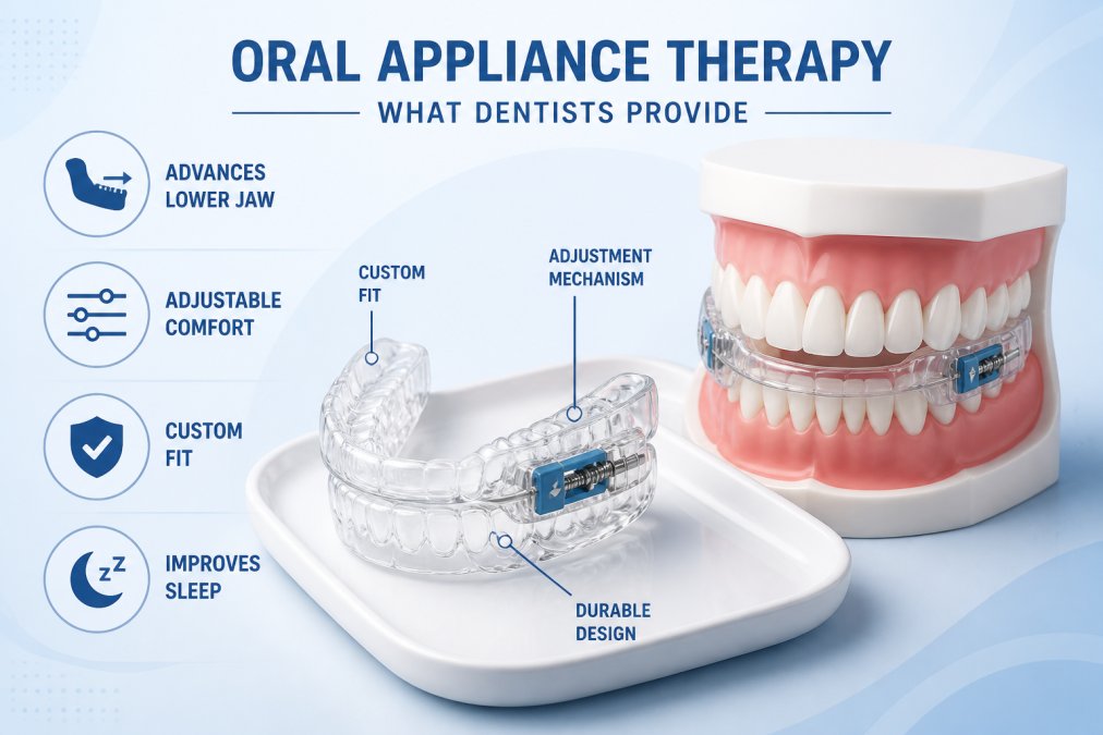 Close-up of a custom-fitted mandibular advancement device resting on a clean white dental tray beside a full-arch patient model, showing the clear mouthguard design and adjustment mechanism under bright clinical lighting
