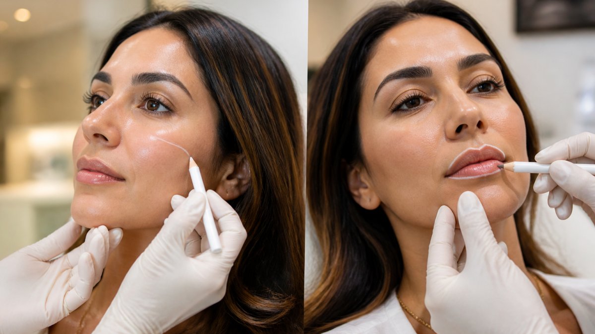 A close-up of a woman's face in a bright, modern medical spa, with a gloved practitioner's hands gently marking facial contours for cheek and lip treatment planning