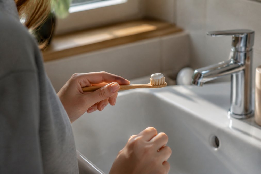 Person applying a pea-sized amount of desensitizing toothpaste to a soft-bristled toothbrush at a bathroom sink