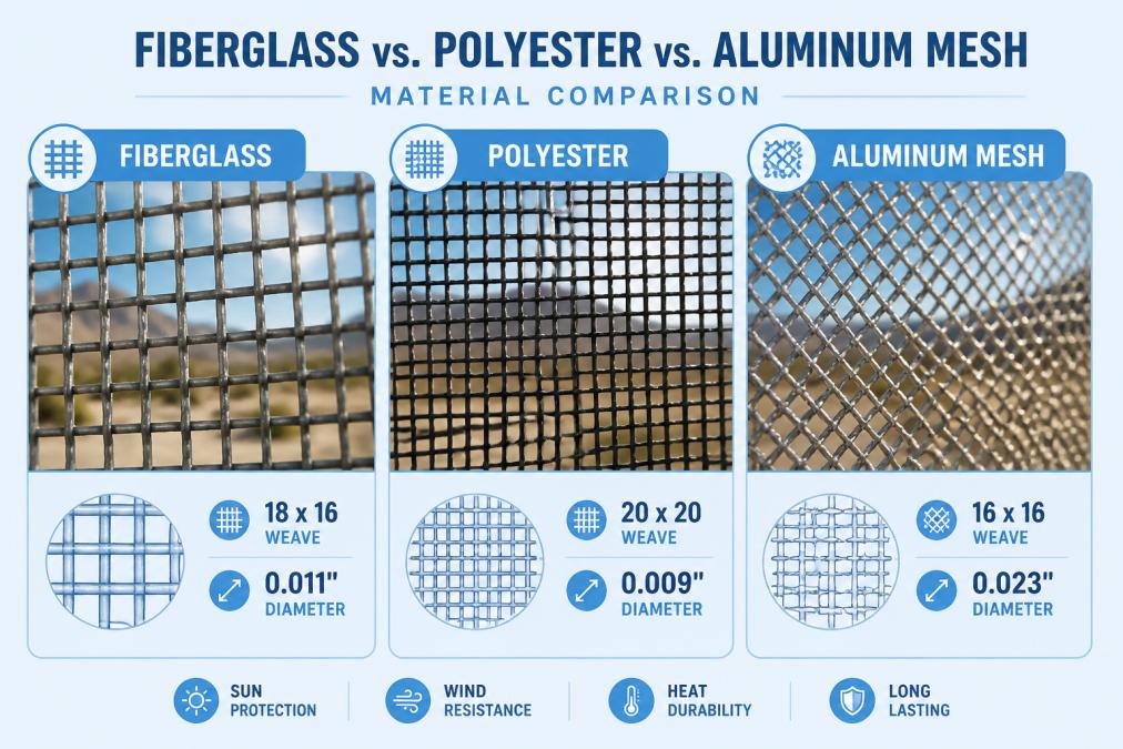 Close-up detail shots of three different screen mesh materials side by side, fiberglass, polyester, and aluminum, showing the texture and weave pattern differences in natural sunlight