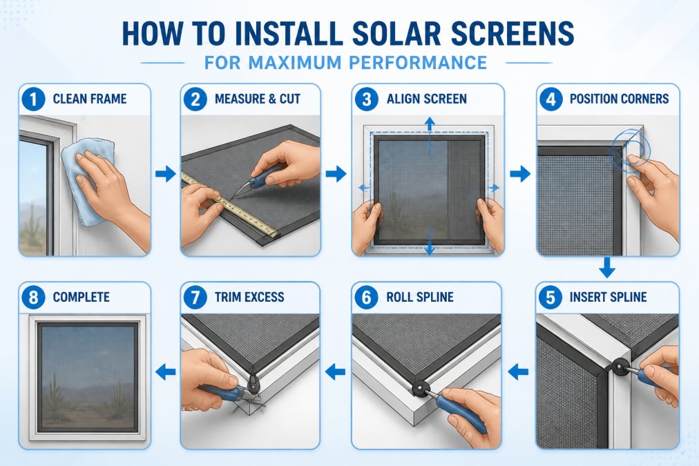 Hands demonstrating the installation process of a solar screen onto a window frame, showing proper alignment and spline insertion technique