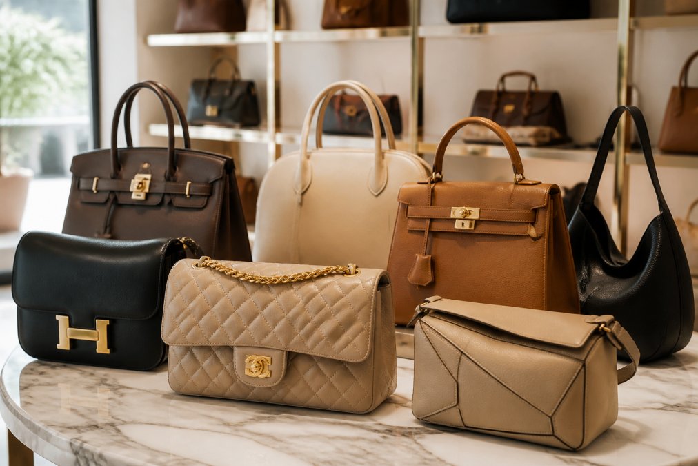 A curated display of luxury designer handbags arranged on a white marble table in a bright boutique, soft window light catching the calfskin grain and gold hardware