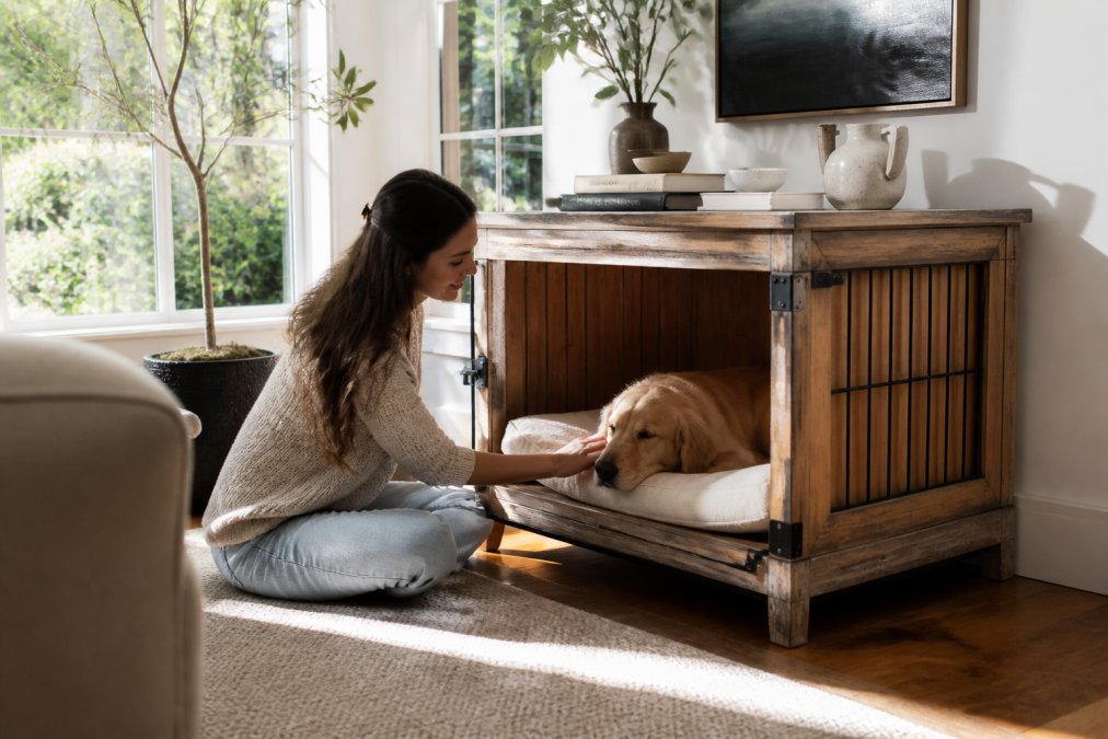 A sunlit living room with a weathered hardwood furniture-style dog crate styled as a console table, a large dog resting on a plush cushion inside, ceramic bowl and books arranged on top, natural light from a tall window