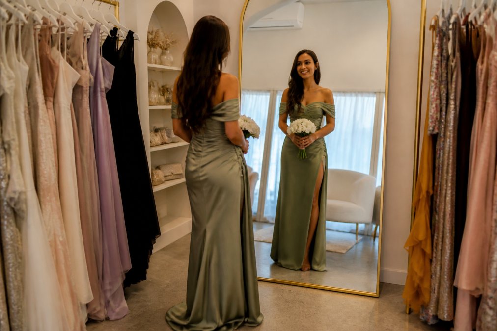 A woman in an elegant off-shoulder formal gown standing in a sunlit boutique fitting room, smiling and holding a small white bouquet while looking into a full-length mirror surrounded by hanging dresses