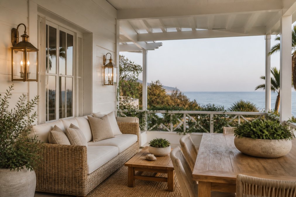 Infographic mapping essential furniture and decor picks for coastal homes on a sunlit deck layout
