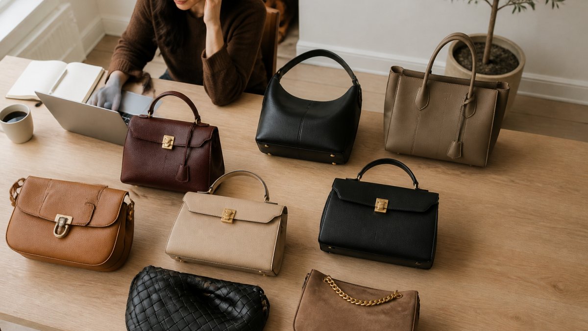 A flat-lay photograph of eight designer handbags arranged on a light wood desk beside a laptop, notebook, and coffee cup, shot from above in soft natural light