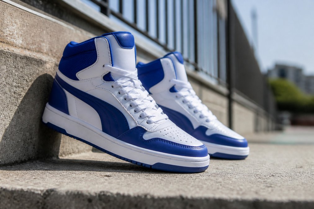 White and royal blue retro designer sneakers with leather overlays resting on a concrete step in daylight