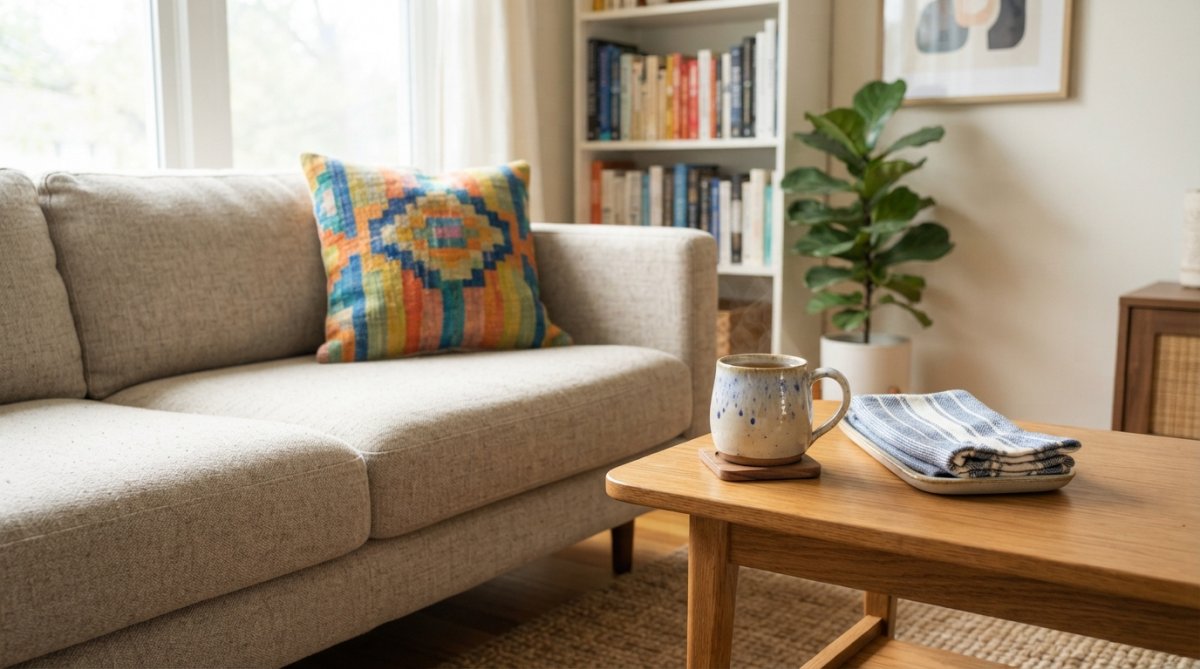 A bright living room corner styled with a multicolor accent pillow on a neutral sofa, a glossy ceramic mug on a coffee table, and a folded hand towel, showing real-world styling of colorful home goods