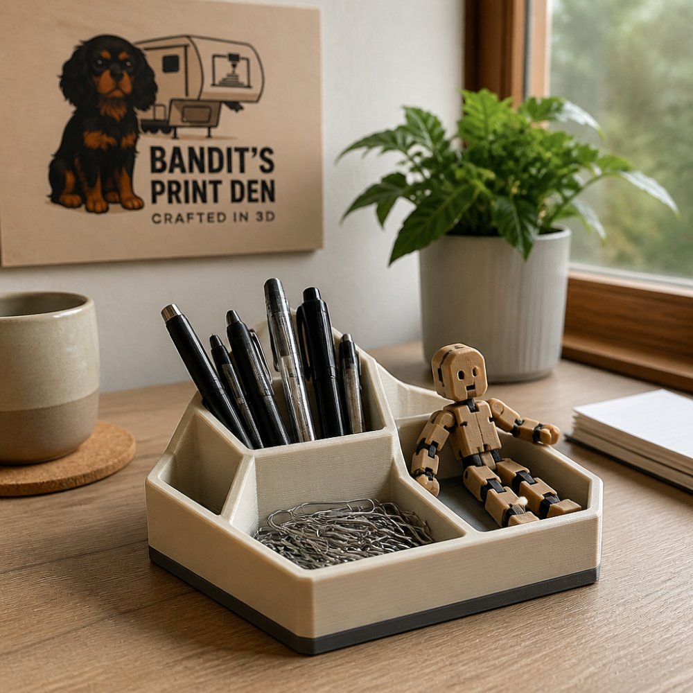 Close-up of a tidy home office desk with a small 3D printed organizer tray holding pens, paper clips, and a tiny articulated fidget figure, warm natural light from a nearby window