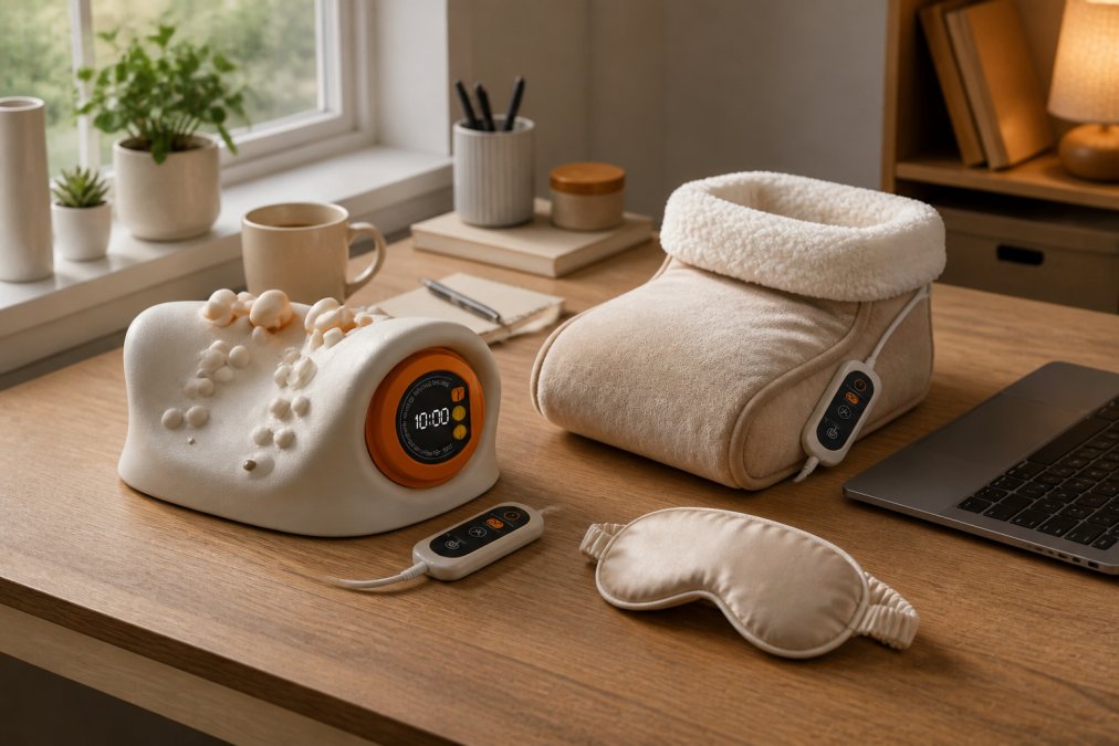 A neatly arranged home office desk with a cervical massage pillow, a warm heated foot cushion, and a silky heated eye mask resting beside an open laptop, soft natural light coming through a nearby window, wooden desk surface, cosy and calm atmosphere