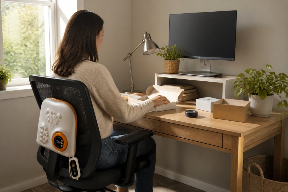 A person sitting at a tidy home office desk with upright posture, a lumbar support cushion visible on the chair back, a monitor raised to eye level, natural light from a side window, and a clutter-free wooden desk surface with minimal accessories