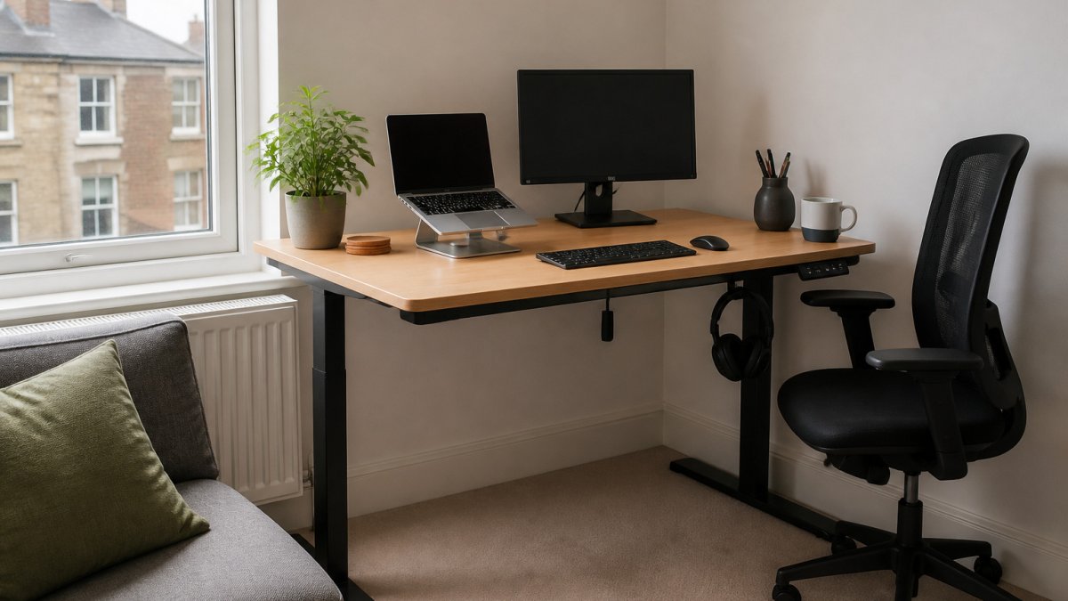 Light wood sit-stand desk with a laptop and monitor in a bright, compact home office by a window.