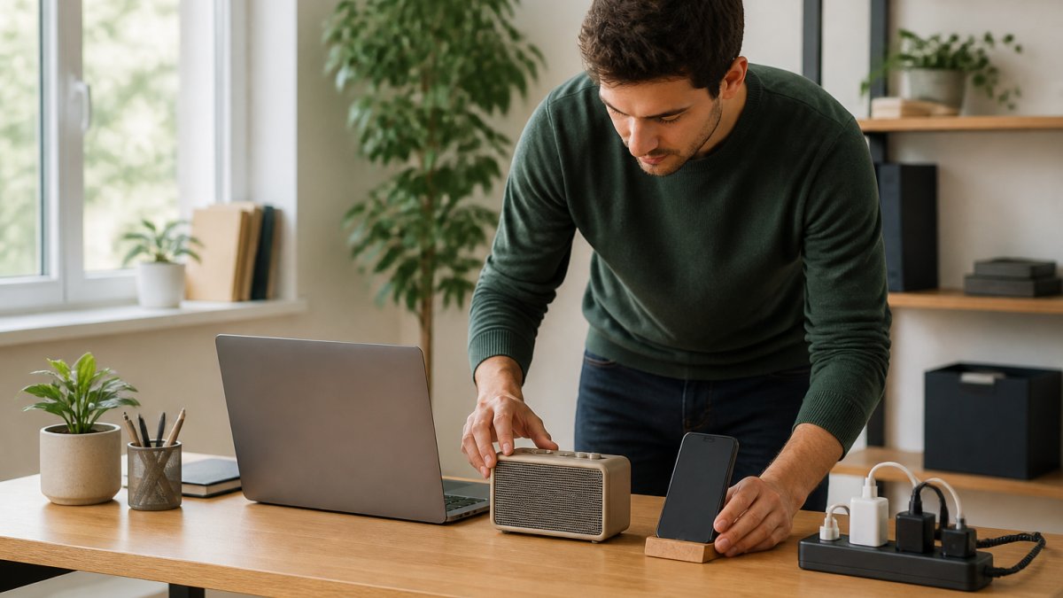 A young professional arranging a minimalist home office desk with a laptop, compact retro speaker, phone stand, and power strip in a bright room with natural light