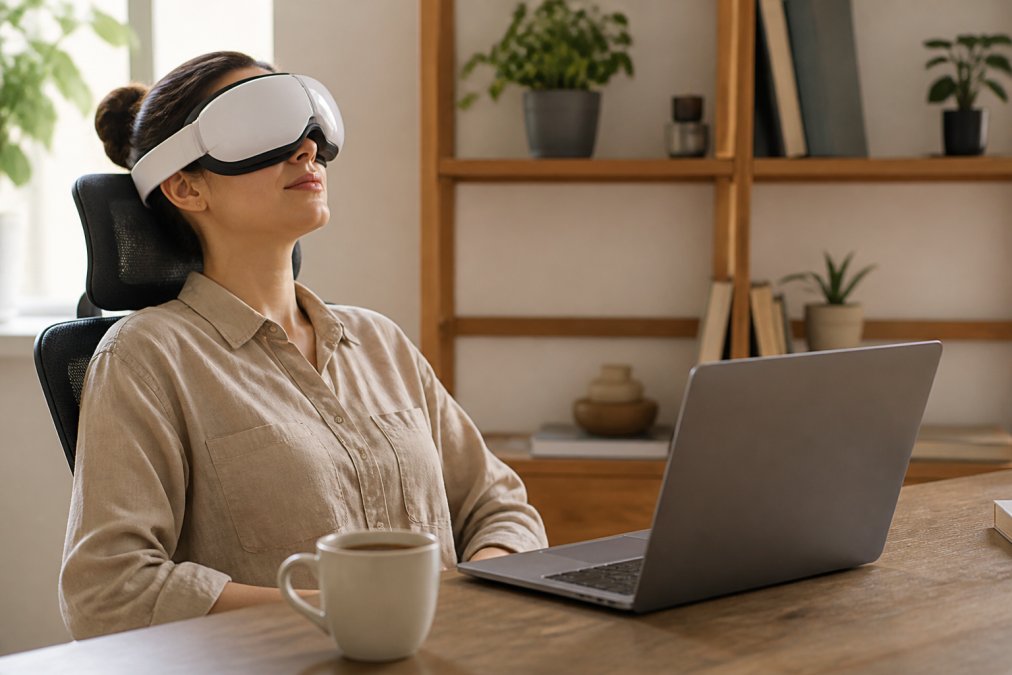 Person sitting at a tidy home office desk wearing a wireless eye massager mask, with soft ambient lighting, a laptop open in front of them, and a cup of coffee on a wooden surface beside them