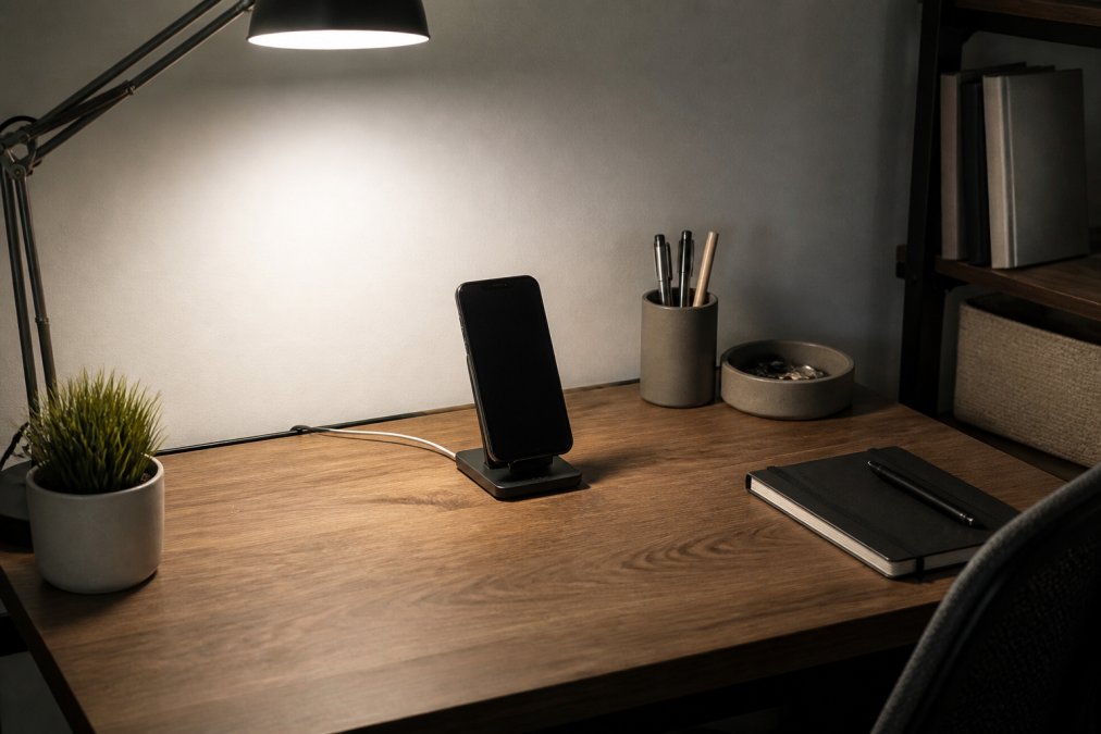 A compact apartment desk with a phone stand centered on a wooden surface, a single charging cable routed neatly along the back edge, minimal stationery, and warm overhead lighting creating a clean and focused workspace