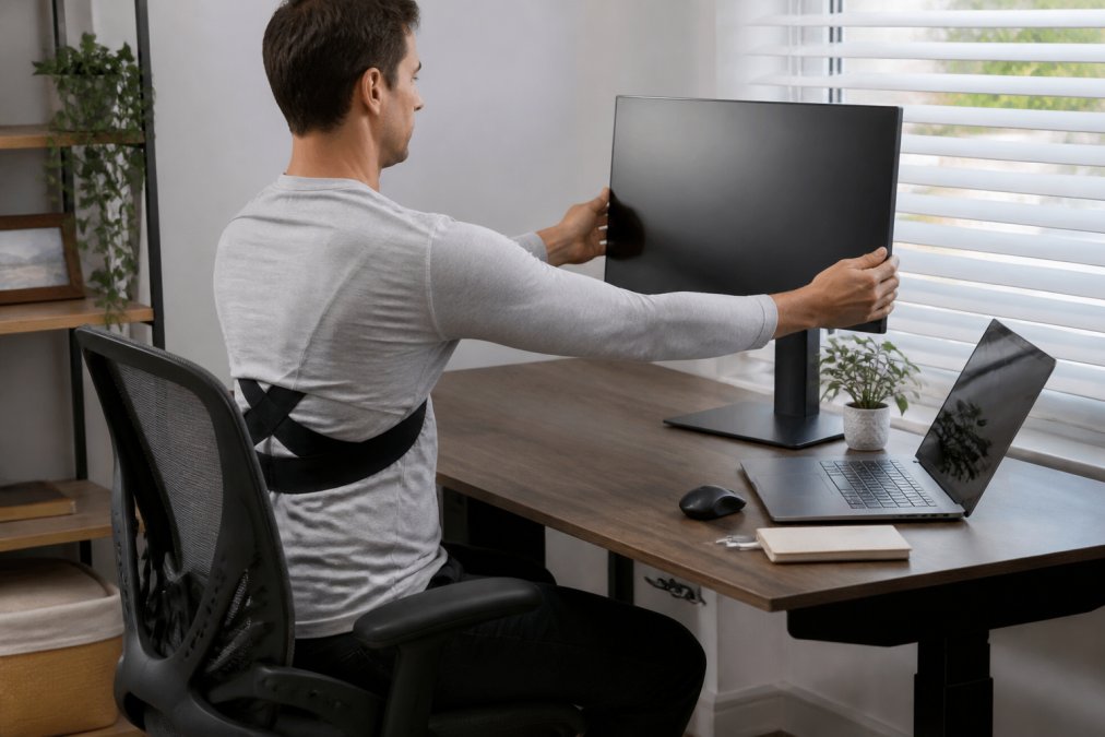 Person adjusting monitor height at a tidy desk while wearing a posture support band under their shirt