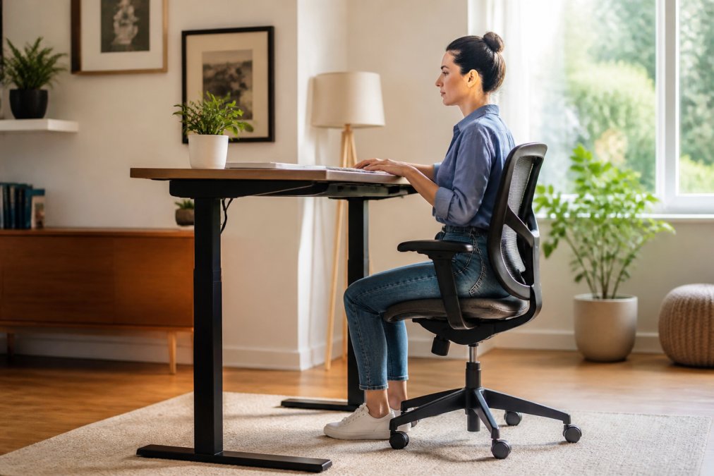 Remote worker sitting at an adjustable standing desk with proper upright posture, feet flat on floor, ergonomic chair with visible lumbar support, monitor positioned at eye level, natural window lighting in modern home office