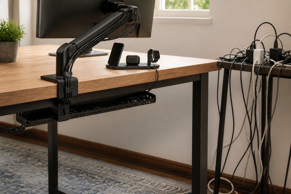 Organized desk workspace showing cable management system with routed cables behind monitor arm, wireless charging station with three devices, cable tray system, and contrast to cluttered cables in corner, natural desk lighting