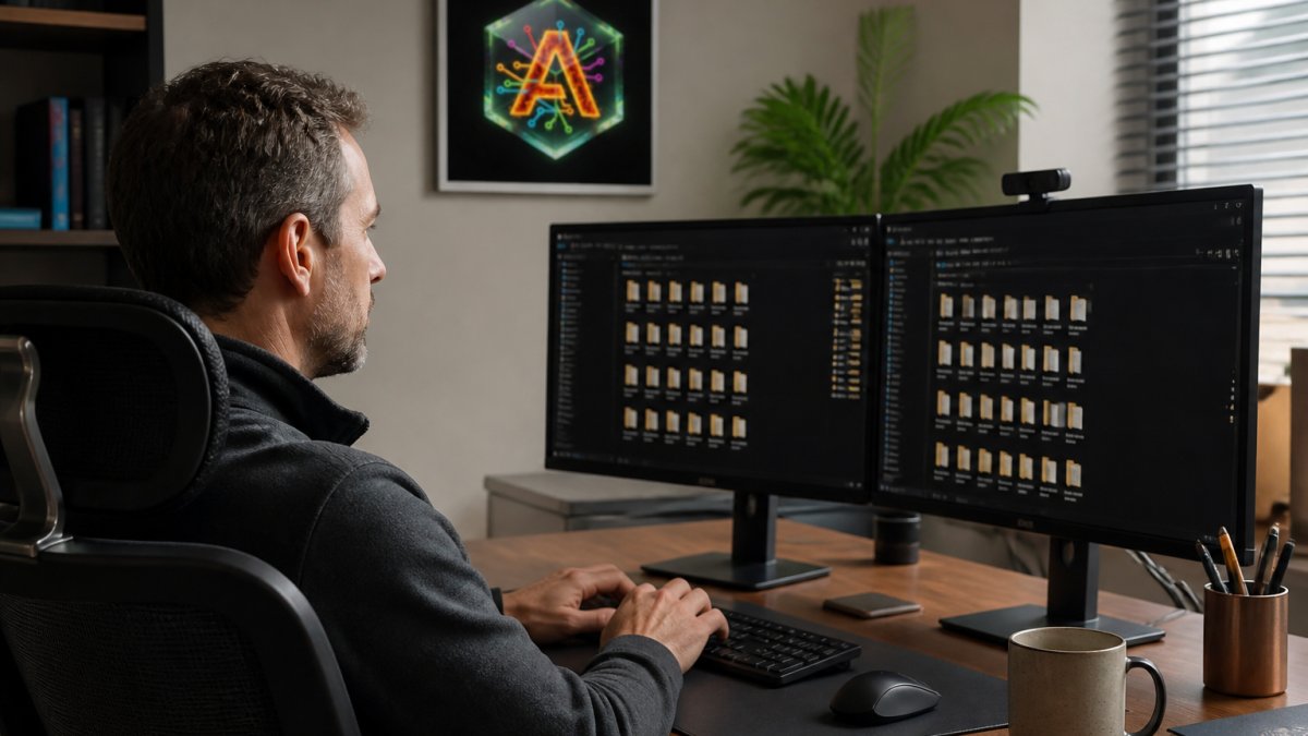 Professional at Windows desktop workstation with hands on keyboard, file folders visible on dual monitors, organized digital workspace with focused task execution