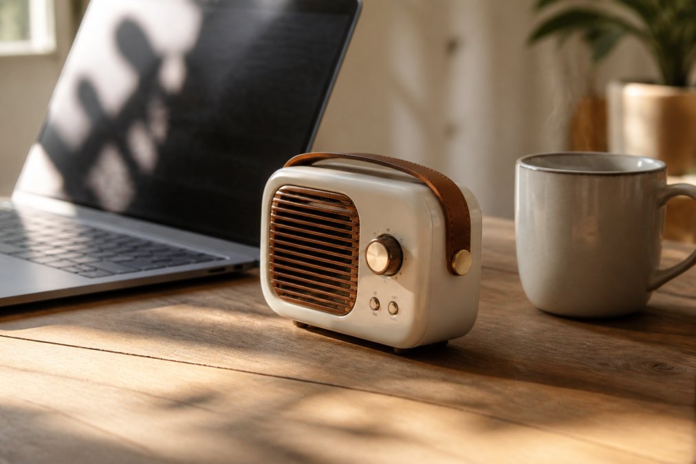 A retro-styled miniature Bluetooth speaker with cream and brown accents sits on a wooden desk beside a laptop and a steaming ceramic coffee cup, warm afternoon sunlight casting soft shadows