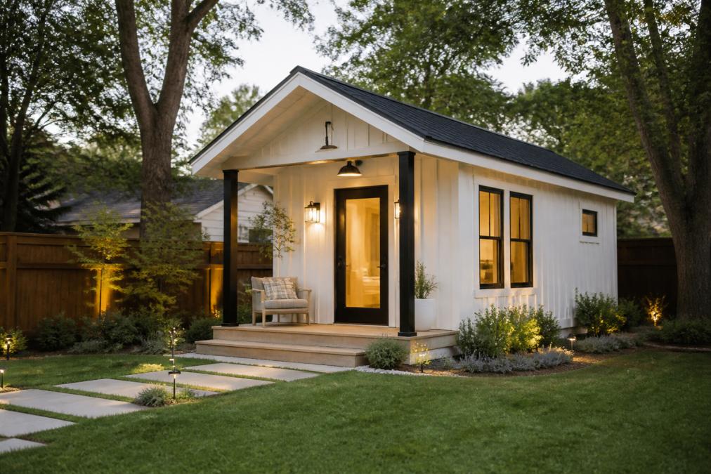 A bright modern detached guest house in a suburban backyard with a small covered porch, fresh landscaping, and warm evening light glowing through the windows