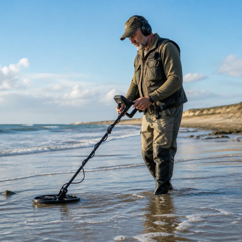 Professional detectorist in beach attire standing in shallow wet sand near the waterline, holding a waterproof metal detector with submerged coil, wearing headphones and checking the detector display screen in bright coastal sunlight