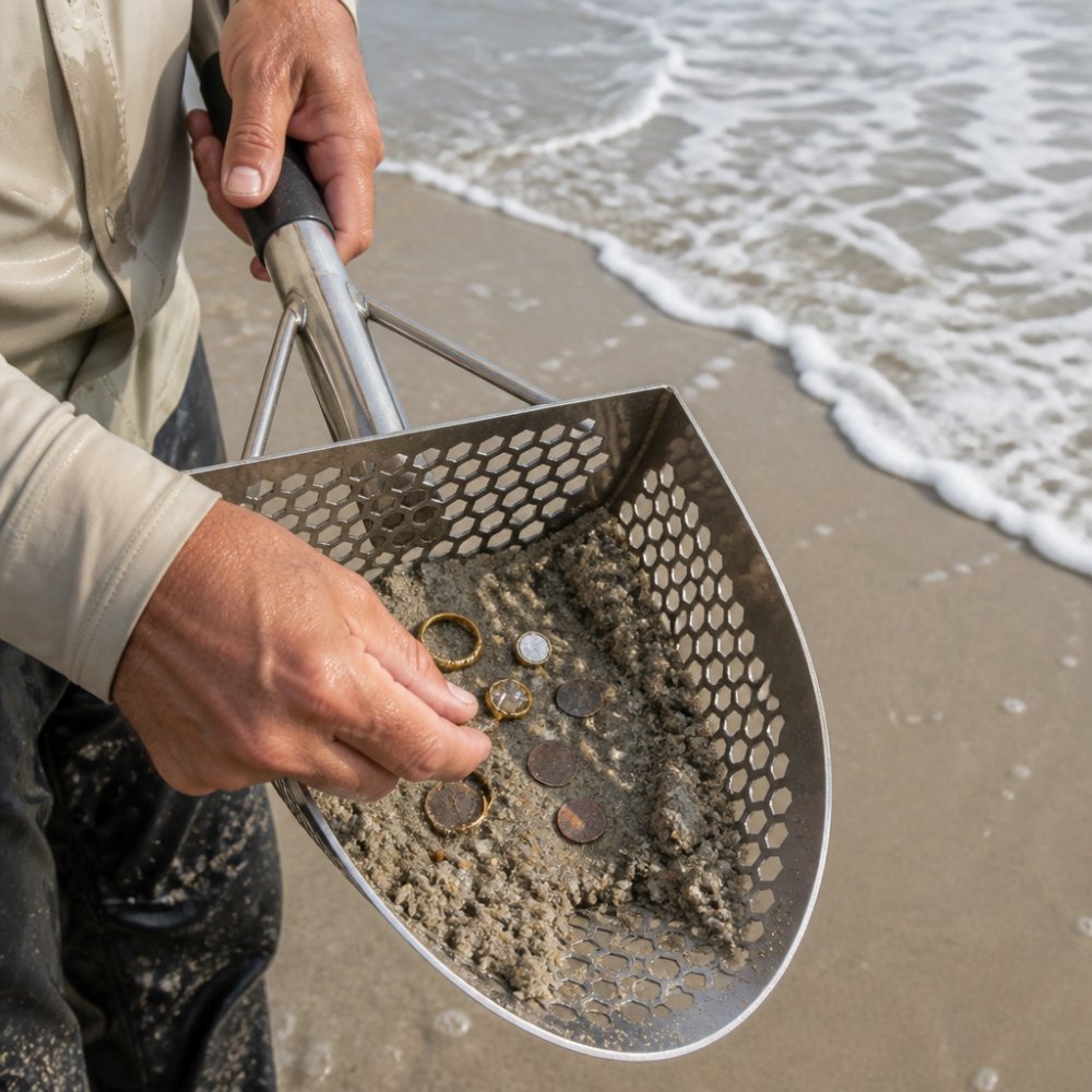 Close-up of hands using a sand scoop to sift through wet beach sand, with recovered coins and jewelry pieces visible in the scoop, ocean waves and wet sand visible in the background