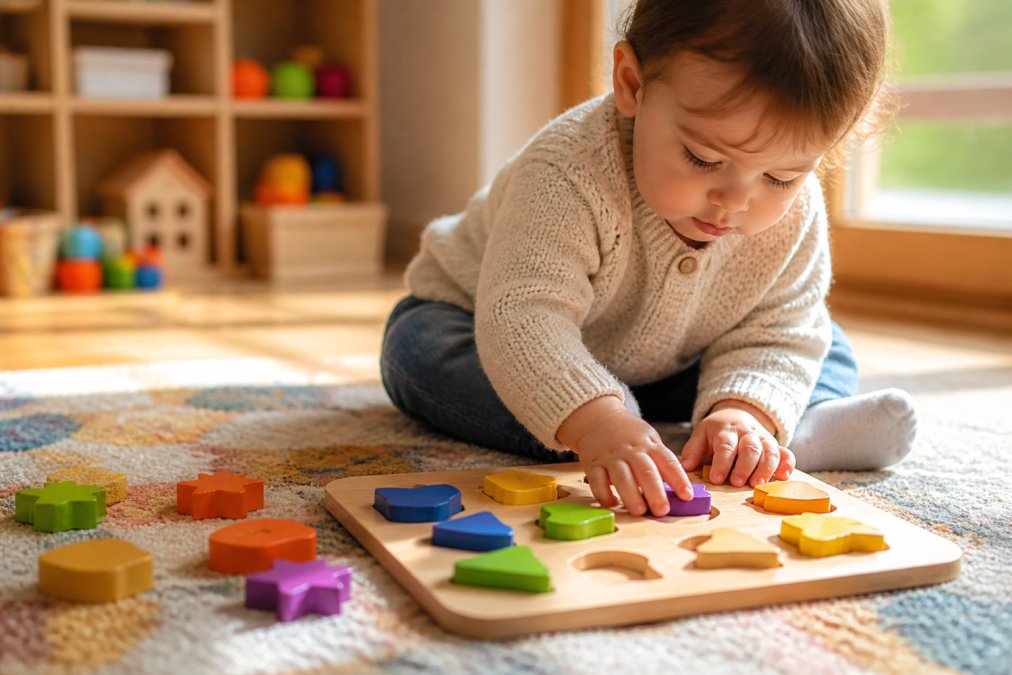 Close-up of a toddler's hands sorting colorful wooden puzzle pieces on a bright playroom floor, the child's fingers pressing pieces into slots with focused concentration, warm natural light from a nearby window
