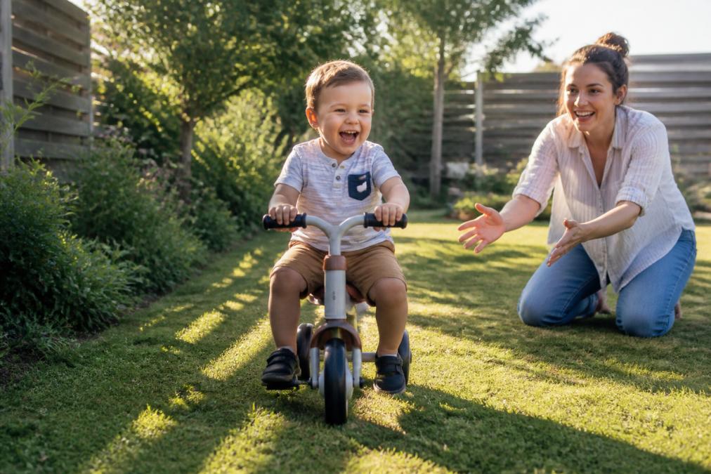 A happy two-year-old riding a small four-wheel balance bike along a sunny backyard grass path, a parent kneeling nearby with hands outstretched, bright afternoon sunlight casting soft shadows across the yard