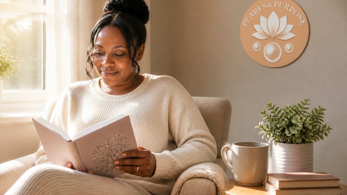 A mother sitting in a quiet corner with warm morning light through the window, holding an open devotional book with a warm beverage beside her on a small table, peaceful and reflective